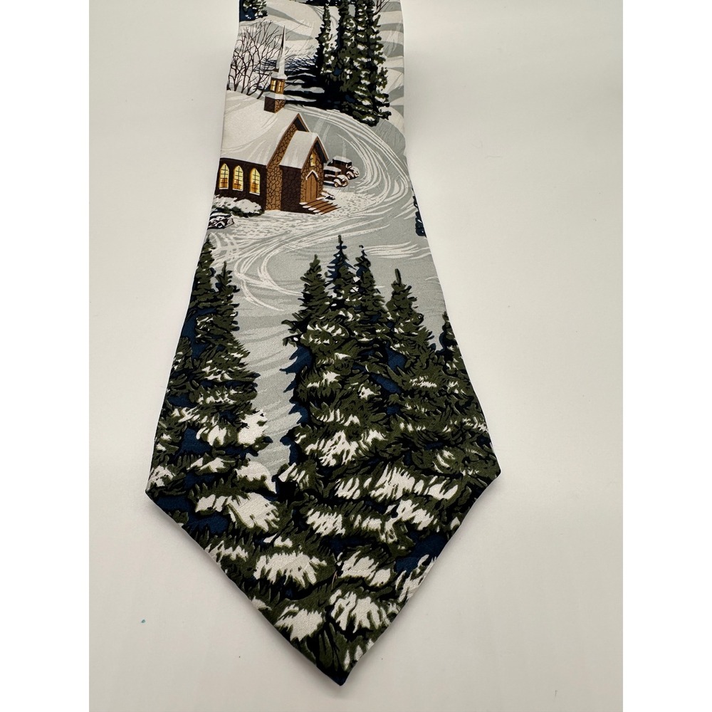 Vintage Free Man Apparel Mens Silk‎ Necktie Winter Scene Church Snow Trees